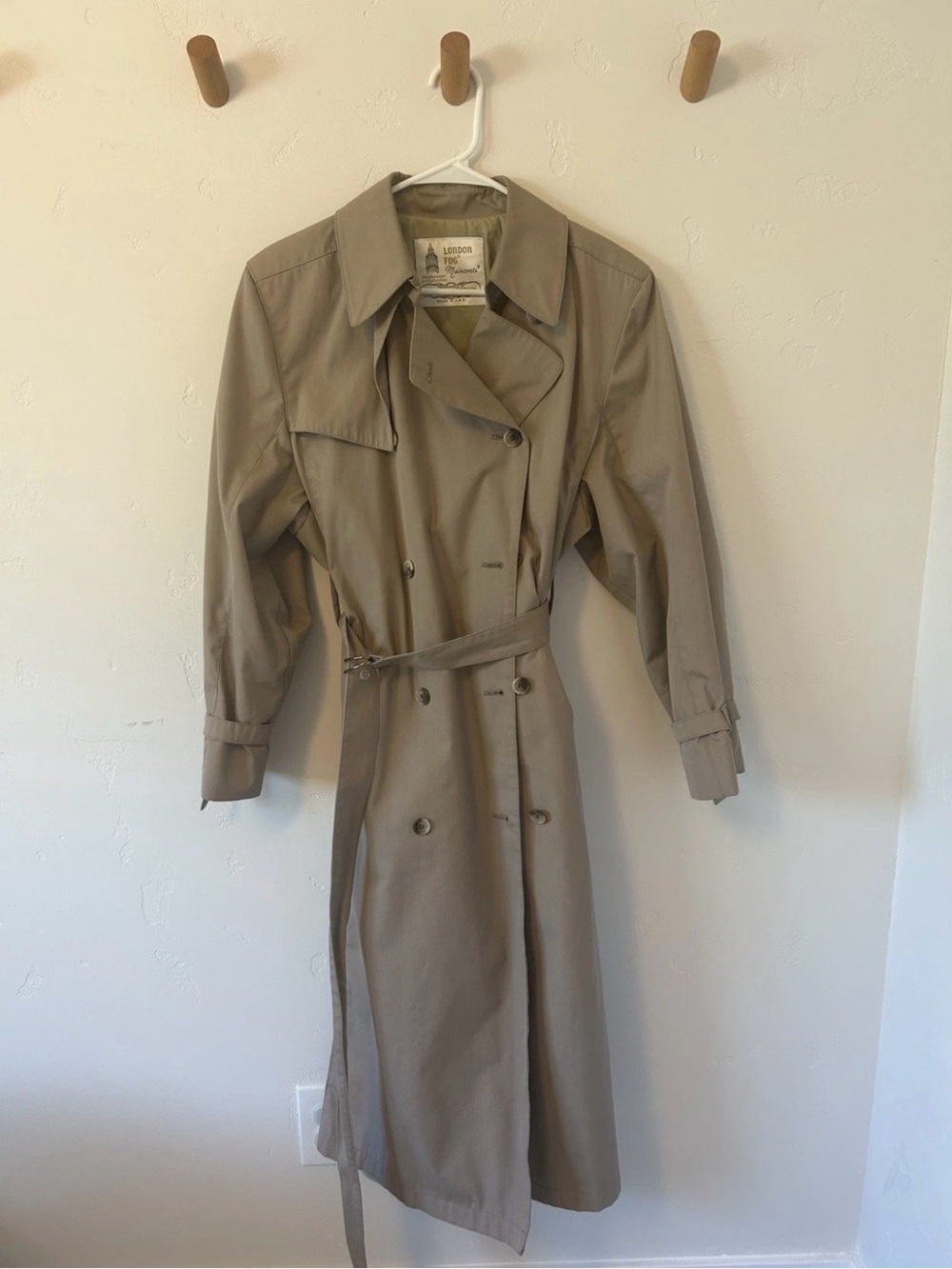 London Fog Double Breasted Trench Coat Jacket Collared Long Beige Camel W Sz 12